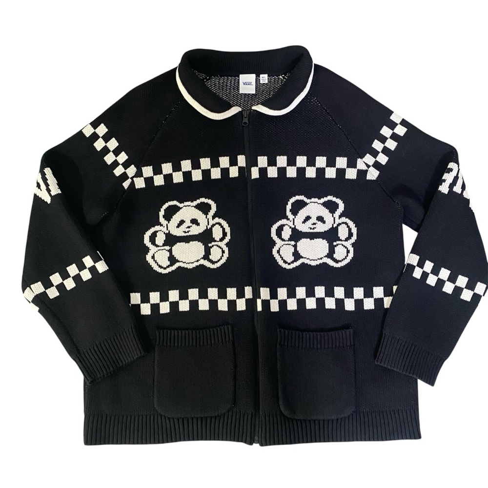 Vans Double Cotton Knit Panda Graphic Front Zip Cardigan Sweater Black White M/L